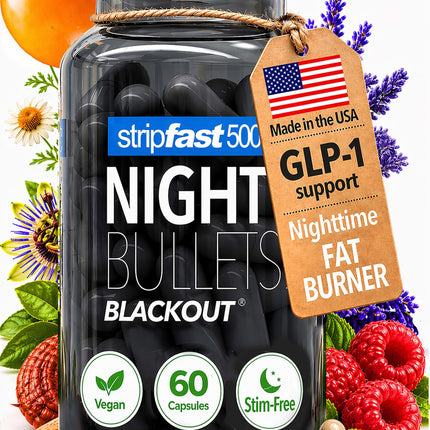 Night Bullets Weight Loss Pills for Women & Men, Stim-Free Nighttime Fat Burner, GLP-1 Support, Appetite Suppressant, Diet Pills with Ashwagandha & CLA, 60 Capsules