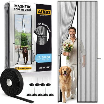 AUGO Magnetic Screen Door - Self Sealing, Heavy Duty, Hands Free Mesh Partition Keeps Bugs Out - Pet and Kid Friendly - Patent Pending Keep Open Feature - 38 Inch x 97 Inch
