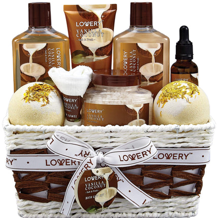 Gifts For Women Gift Basket for Women– 9 Piece Set of Vanilla Coconut Home Spa Set, Luxurious Gifts for Her, Bath and Body Sets Includes Fragrant Lotions, Large Bath Bombs, Coconut Oil