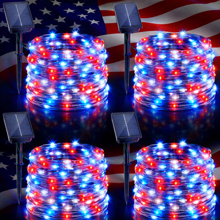 Danhh 4 Pack Red White and Blue Solar Fairy Lights, 131ft 400LED 4th of July Solar String Lights Waterproof with 8 Modes, Green Wire Outdoor Patriotic Lights for Memorial Day Independence Day Decor