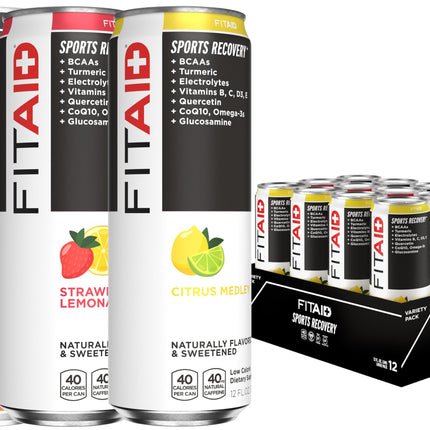 FITAID Recovery Blend Variety Pack BCAA Glucosamine Electrolytes Omega-3s Green Tea 100% Clean Paleo Vegan & Gluten-Free Naturally Sweetened & Flavored 12-oz. cans (Pack of 12) - Packaging May Vary