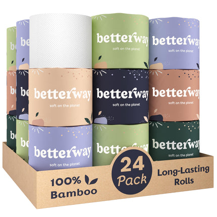 Betterway Bamboo Toilet Paper 3 Ply - Sustainable Toilet Tissue - 24 Long-Lasting Rolls & 360 Sheets Per Roll - Septic Safe - Organic, Plastic & PFAS Free - FSC Certified