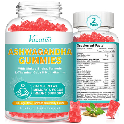 Vazatisi 2 Pack Ashwagandha Gummies with Turmeric GABA Mood Energy and Immune Support, Strawberry Flavor 120 Cts