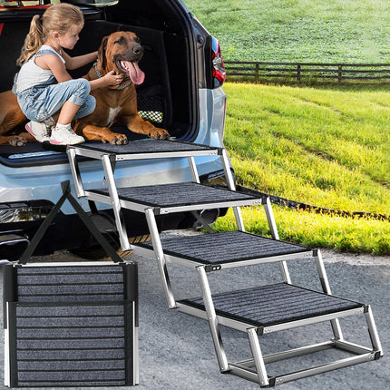 Extra Wide Dog Stair for Large Dogs,Foldable Dog Ramp, Dog Stairs for Cars, Light Weight Aluminum,High Beds,for SUV Trucks, Supports up to 200 lbs
