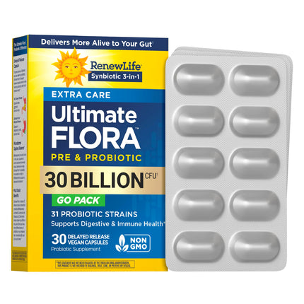 Renew Life Extra Care Go-Pack Probiotic Capsules, Daily Supplement Supports Immune, Digestive and Respiratory Health, L. Rhamnosus GG, Dairy, Soy and gluten-free, 30 Billion CFU, 30 Ct