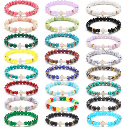 Huquary 24 Pcs Cross Beaded Bracelets, 8mm Christian Stone, Stylish