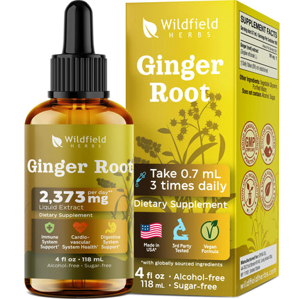 WILDFIELD HERBS 4 Oz Ginger Root Extract Liquid Drops - Stomach & Digestive Support | 2 Month Supply | - Made in USA - Ginger Root Supplement - Alcohol & Sugar Free