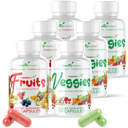 POWERED X PLANTS Fruits & Veggies Capsules - Natural Superfood Packed with Vitamins & Minerals - Fruit & Vegetable Supplements for Adults Pack of 6, 90 Capsules Each
