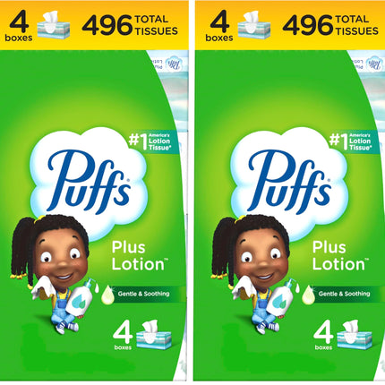 Puffs Plus Lotion Facial Tissues, 4 Family Boxes, 124 tissues per box (Pack of 2)