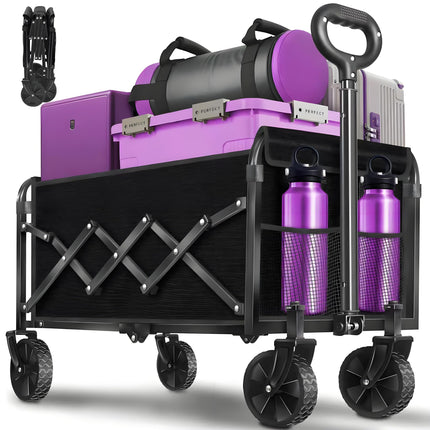 Wagons Carts Foldable,280 LBS Large Capacity Foldable Wagon Cart Collapsible Wagon with Wheels & Drink Holders,Utility Folding Cart for Camping Garden Beach Picinic Grocery Outdoor Shopping(Black)