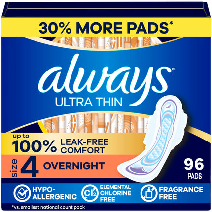 Always Ultra Thin Feminine Pads with Wings for Women, Size 4, Overnight Absorbency, Unscented, Up to 100% Leak-Free Comfort, 96 Count