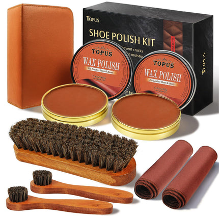 Topus 8 Pieces Brown Shoe Polish Kit, Includes 2Pcs 1.4Oz Brown Shoe Wax, 3 Pieces Horsehair Boots Brushes, 2Pcs Shine Cloths Leather Shoes and Boots Care Kit with Storage Bag
