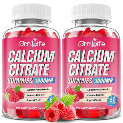 2 Pack Calcium Citrate Gummies, Sugar Free Calcium Citrate 1000mg for Muscle Healthy, Absorption Calcium Supplements for Adults & Kids, Raspberry, 120 Count