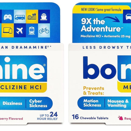 Bonine Non-Drowsy for Motion Sickness Relief, Sea Sickness, Car Sickness, Nausea and Vomiting, with Meclizine Hcl 25mg, Raspberry, Travel-Sized 16ct (Packaging May Vary) (Pack of 2)