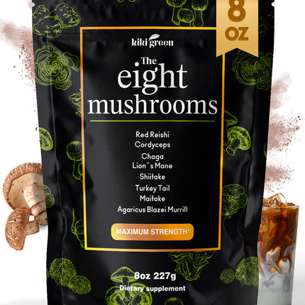 KIKI Green 8 Mushrooms Powder Extract - Supplement Blend 8 oz - Lion's Mane, Reishi, Chaga, Cordyceps, Maitake, Shiitake - for Focus and Energy - Add to Coffee and Smoothies