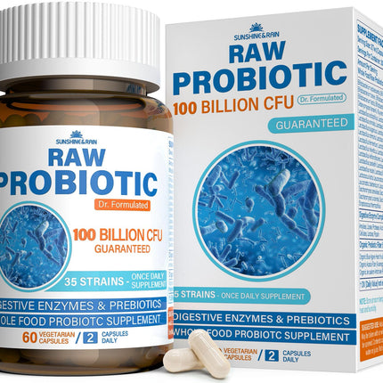 Raw Probiotics for Women & Men - 100 Billion CFU, 35 Strains, Organic Prebiotics & Natural Digestive Enzymes for Digestive, Gut & Immune Health - Dairy, Soy and Gluten Free, Non-GMO, 60 Vegan Capsules