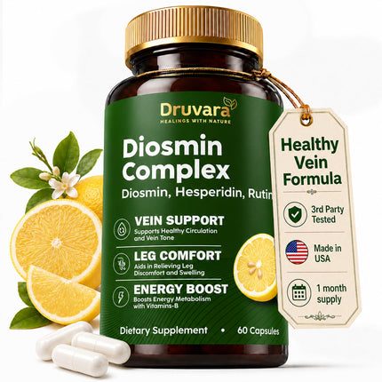 Druvara Diosmin Hesperidin with Rutin & B Vitamins | Vein Support Supplement for Leg Comfort, Healthy Circulation, Vein Strength & Improved Mobility - 60 Capsules