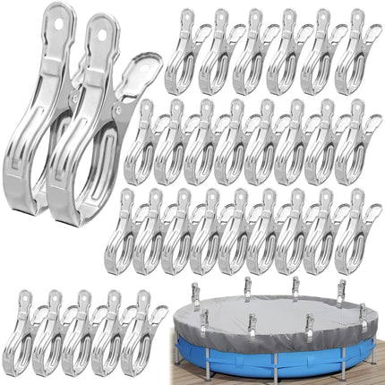 30 PCS Pool Cover Clips Stainless Steel Wind Guard Clamps 5.1 Inch Large Pool Covers Clamps Heavy Duty Swimming Pools Windproof Clips for Above Ground Pools Cover