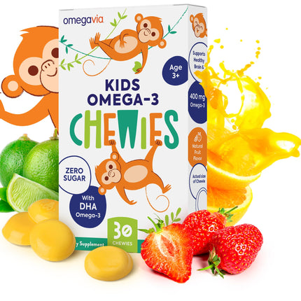 OmegaVia Omega 3 Chewies, Daily DHA Chewable Vitamins for Kids, Omega 3 for Ages 3-12 to Support Brain & Eye Health, Sugar-Free Natural Fruit Flavor, Omega 3 Fish Oil, 30 Individual Packets