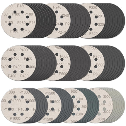 100 Pcs 5 Inch Sanding Discs Hook & Loop 8 Holes Wet Dry Sandpaper 180 240 320 400 600 800 1000 1500 2000 3000 Assortment Grits Silicon Carbide Orbital Sander Sand Paper for Wood Automotive Metal