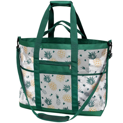 F-color Mesh Beach Bag Family - 9 Pockets Tote Bag with Strap for Pool Cruise Beach Vacation Essentials, Pineapple