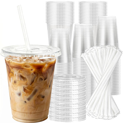Charmount 100 Sets 16 oz Plastic Cups with Lids and Straws, Clear Disposable Cups for Dirty Soda, Iced Coffee & Smoothies, Plastic Bar Supplies for Cold Drinks