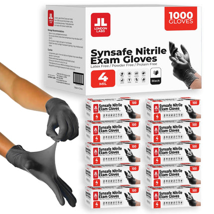 London Labs Synsafe 4 Mil -Black Nitrile Exam Gloves –Disposable Latex Free & Powder Free – Extra Strong, Rubber Gloves – First Aid Kit, Medical, EMT, Cleaning, Cooking | Bulk Case of (1000 ct)