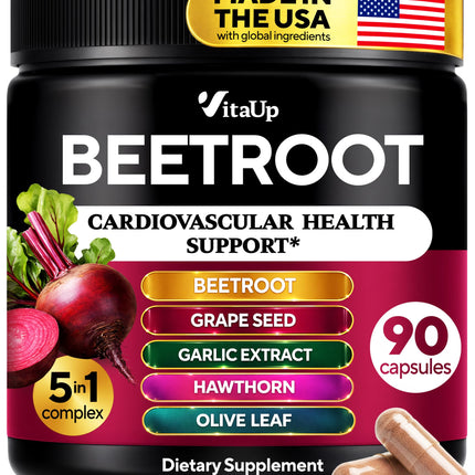 VitaUp Beet Root Capsules - USA Made Beetroot Supplement for Normal Circulation, Nitric Oxide & Heart Support - 5-in-1 Beets with Grape Seed, Garlic Extract, Hawthorn Berry, Olive Leaf - 90 Vegan Caps