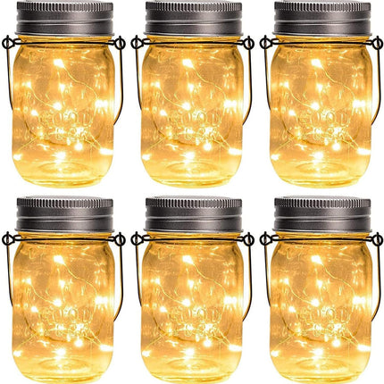 GIGALUMI Hanging Mason Jar Solar Lights, 6 Pack 30 Led Hanging Solar Lanterns Outdoor Waterproof, Hangers and Jars Included, Outdoor Decor for Balcony, Garden, Patio, Yard, Wedding