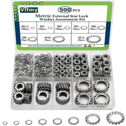 Vifmy Star Washers External Tooth Lock Washers Assortment (M2.5-M12) 500Pcs