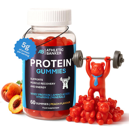 Whey Protein Gummies - Peach Flavour, 6g Protein per Serving, Low Sugar - Vegetarian Protein Supplement with Amino Acids, Vitamins & Minerals for Muscle Recovery - 60 Gummies - Formulated in The UK
