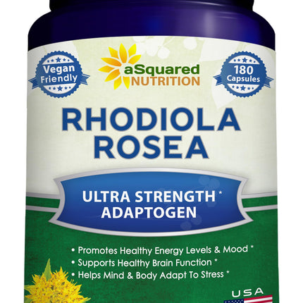 aSquared Nutrition Rhodiola Rosea Supplement 1000mg - 180 Vegan Capsules - Max Strength Rhodiola Root Extract Pills Improve Pure Energy, Brain Function & Stress Relief -Golden Root Herb Powder Tablets