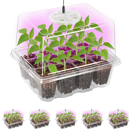 Bonviee 5 Packs Seed Starter Tray with Grow Light, Elevated Seedling Starter Trays Kits with Adjustable Humidity Domes and Clear Cell Tray, 12 Full Spectrum led lamp Beads for Plants Indoor-Clear