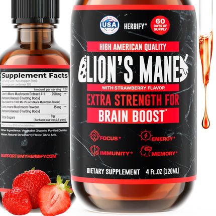 HERBIFY Lions Mane Supplement - Daily Mushroom Supplement for Memory, Focus & Clarity - Brain Booster - Lions Mane Tincture for Immune Support - 4 Fl oz Strawberry Flavor