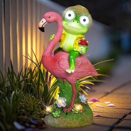 ZFNN Solar Garden Statue Outdoor, Frog Riding Flamingo Decor with LED Eyes