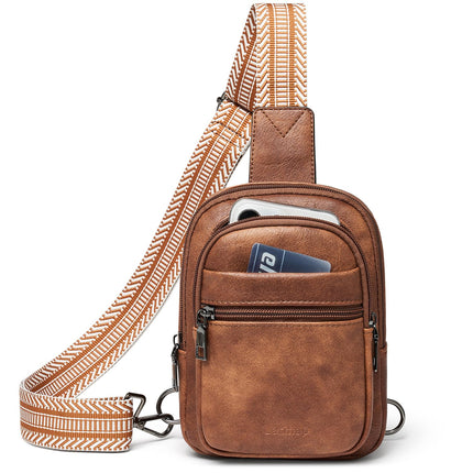 LATMAP 3L SMALL Sling Bag Fanny Packs For Women Men Mini Crossbody Chest Belt Travel Bag Purse Handbag Faux Leather Fashion Cute Brown