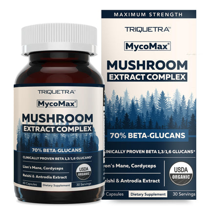 MycoMax Mushroom Complex - 70% Beta Glucans, Max Potency Mushroom Supplement, US Grown + Ultrasonic Extraction - Lions Mane, Cordyceps, Reishi & More - Cognition, Immunity, Energy - 60 capsules