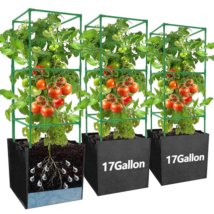 3 Packs 47 x 16 x 16 Inch Garden Tomato Cages with 17 Gallon Grow Bags- Square Plant Support Trellis Assembled with Planter Bags- Garden Cucumber Vegetables Frames for Vertical Climbing Plants