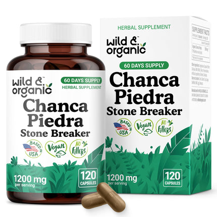 Wild & Organic Chanca Piedra Capsules 1200 mg - Natural Kidney & Gallbladder Support - Stone Breaker Chanca Piedra Supplement - Vegan, No Fillers, Non-GMO - 120 Count