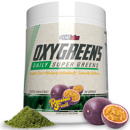 EHP Labs OxyGreens Super Greens Powder - Spirulina & Chlorella Superfood, Green Juice Powder & Greens Supplements with Prebiotic Fibre, Antioxidants & Immunity Support, 30 Serves (Passionfruit)