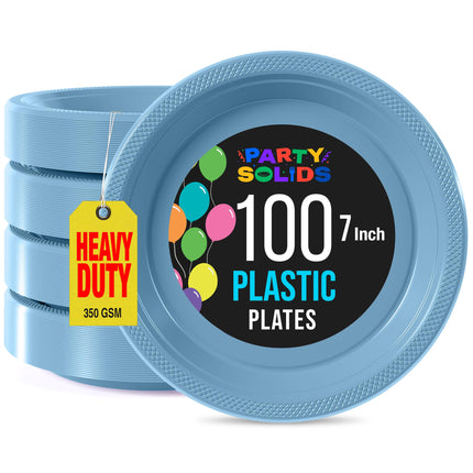 Party Solids Light Blue Plastic Plates For Party 7" Light Blue Disposable Plates For Party Supplies 100 Pcs Plastic Dinnerware Sets Heavy Duty 350 GSM Disposable Dinnerware Set