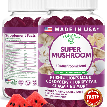 Lunakai USA Made Super Mushroom Gummies for Adults – 10-in-1 Adaptogenic Mushroom Supplement with Lion’s Mane – Daily Focus & Brain Support, 60ct