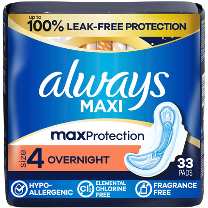 Always Maxi Overnight Pads with Wings for Women, Size 4, Overnight Absorbency, Unscented, 33 Count