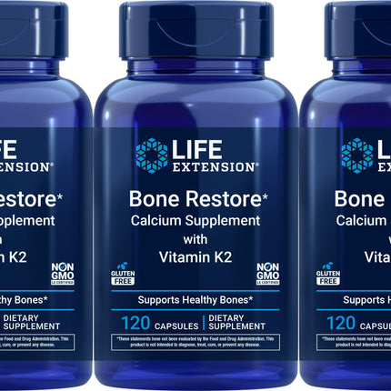 Life Extension Bone Restore Calcium Supplement with Vitamin K2, 120 Capsules (Pack of 3)