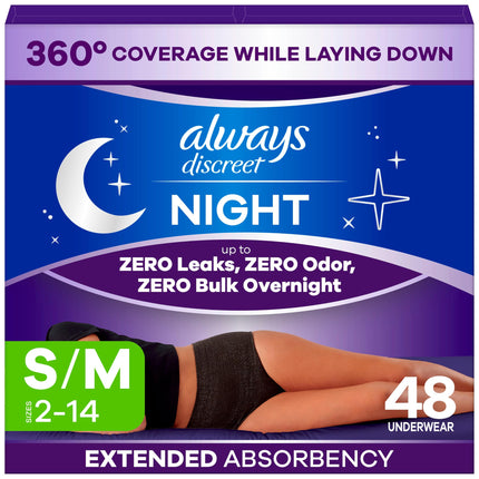 Always Discreet Night, Reimagined Adult Diapers for Women, Extended Overnight Absorbency Incontinence and Postpartum Underwear Size S/M, 360 Degree Coverage While Laying Down, 48 Count