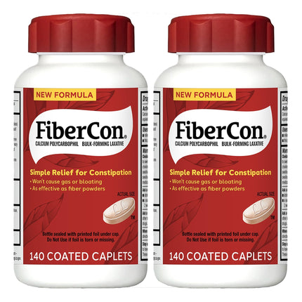 FiberCon Fiber Therapy Coated Caplets, Safe, Simple & Comfortable Insoluble Fiber Product for Bowel Irregularity, Occasional Constipation Relief with No Gas or Bloating, 140 Caplets (Pack of 2)