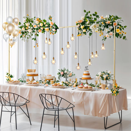 Almirantra Over The Table Rod Stand with Clamps, Adjustable 29"-44" Tall 46"-98" Length, Table Arch Stand for Wedding Birthday Party Anniversary Halloween Christmas Decoration Supplies(Gold)