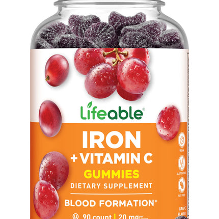Lifeable Iron Gummies | 20mg | with Vitamin C | Great Tasting Blood Builder Iron Supplement | Iron with Vitamin C for Iron Deficiency | Iron Gummies for Women, Men, Adults | 90 Gummies