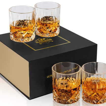 KANARS Old Fashioned Whiskey Glasses with Luxury Box - 10 Oz Rocks Barware For Scotch, Bourbon, Liquor and Cocktail Drinks - Set of 4 - Men Gift