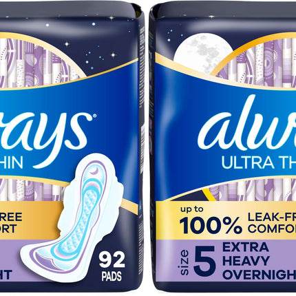 Always Ultra Thin Overnight Pads, Size 5, Extra Heavy Overnight, Unscented, 92 Count (4 Packs of 46)